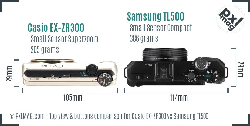 Casio EX-ZR300 vs Samsung TL500 top view buttons comparison