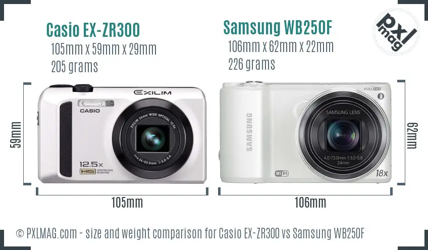 Casio EX-ZR300 vs Samsung WB250F size comparison