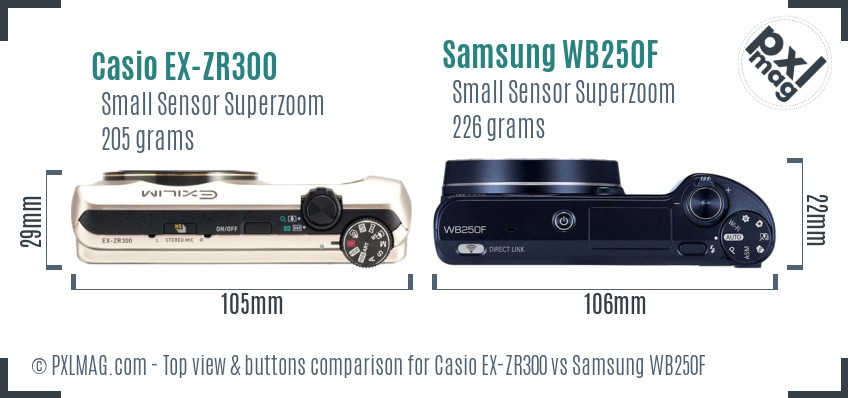 Casio EX-ZR300 vs Samsung WB250F top view buttons comparison
