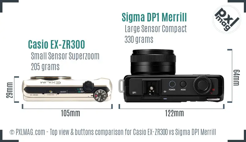 Casio EX-ZR300 vs Sigma DP1 Merrill top view buttons comparison