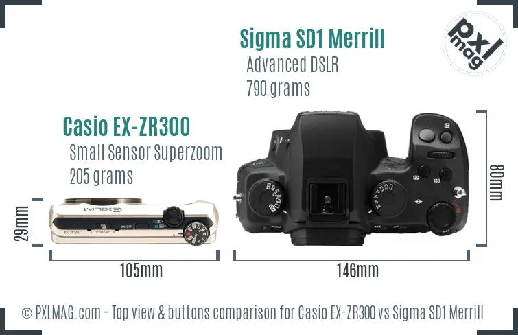 Casio EX-ZR300 vs Sigma SD1 Merrill top view buttons comparison