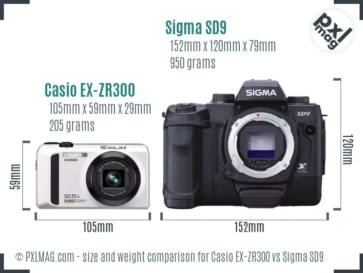 Casio EX-ZR300 vs Sigma SD9 size comparison