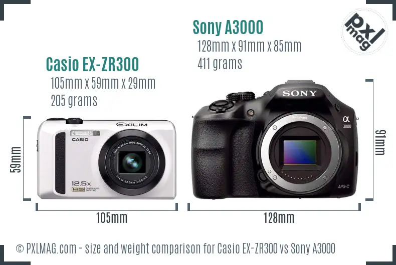 Casio EX-ZR300 vs Sony A3000 size comparison