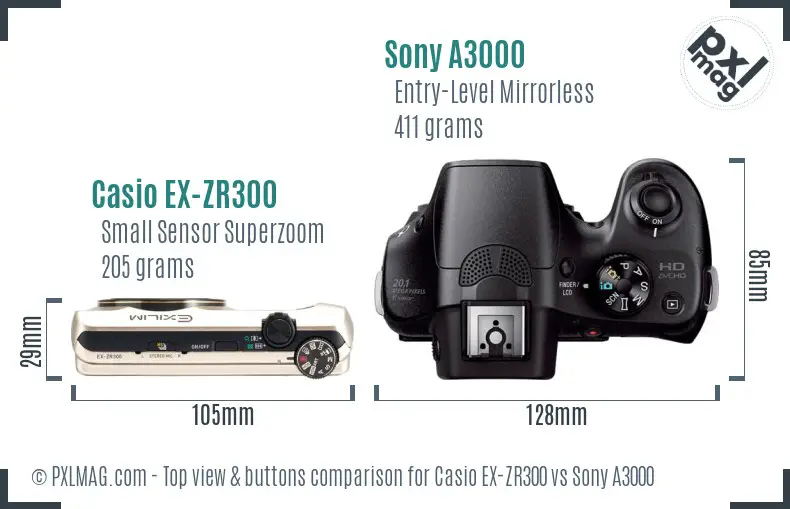 Casio EX-ZR300 vs Sony A3000 top view buttons comparison