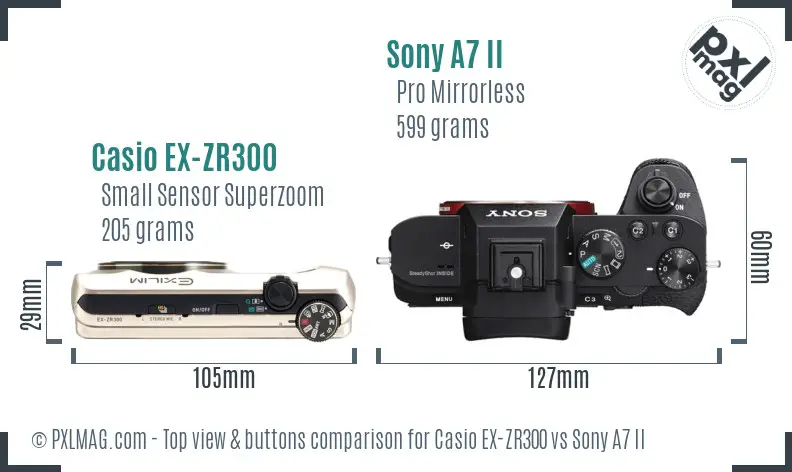 Casio EX-ZR300 vs Sony A7 II top view buttons comparison