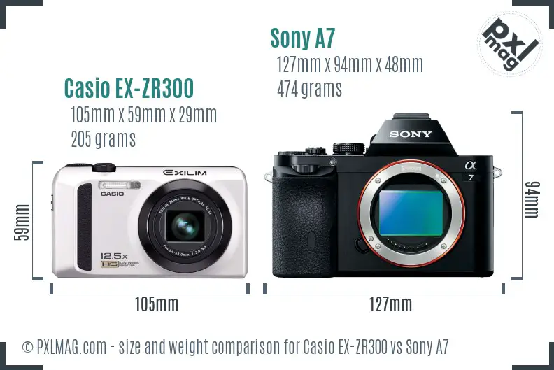 Casio EX-ZR300 vs Sony A7 size comparison
