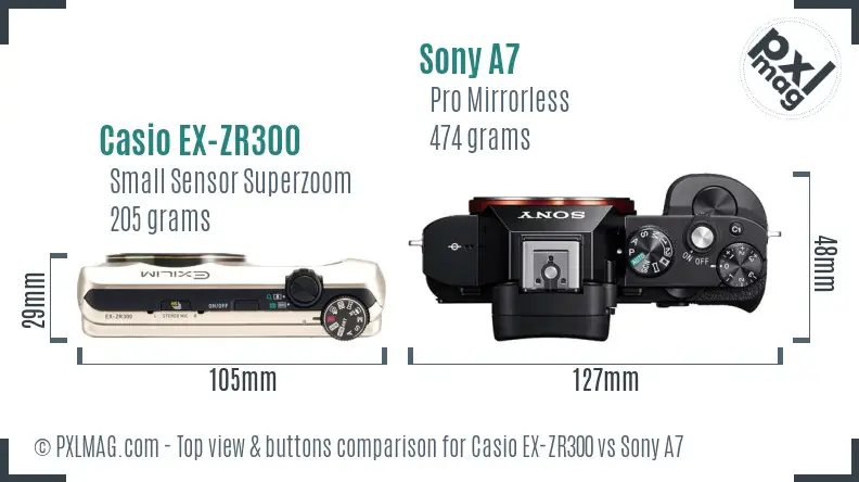 Casio EX-ZR300 vs Sony A7 top view buttons comparison