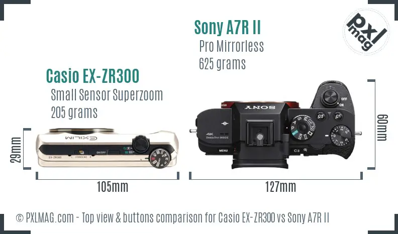 Casio EX-ZR300 vs Sony A7R II top view buttons comparison Casio EX-ZR300 vs Sony A7R II top view buttons comparison