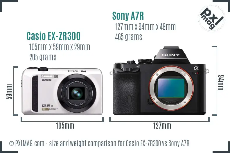 Casio EX-ZR300 vs Sony A7R size comparison