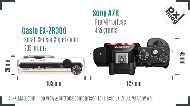 Casio EX-ZR300 vs Sony A7R top view buttons comparison