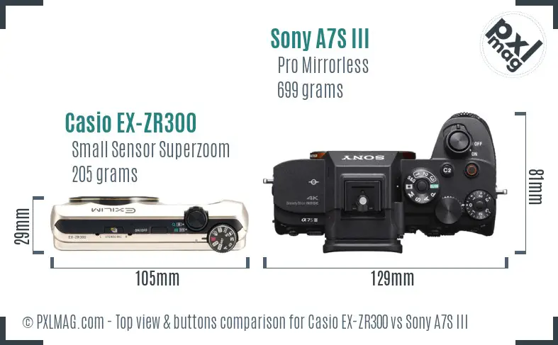 Casio EX-ZR300 vs Sony A7S III top view buttons comparison