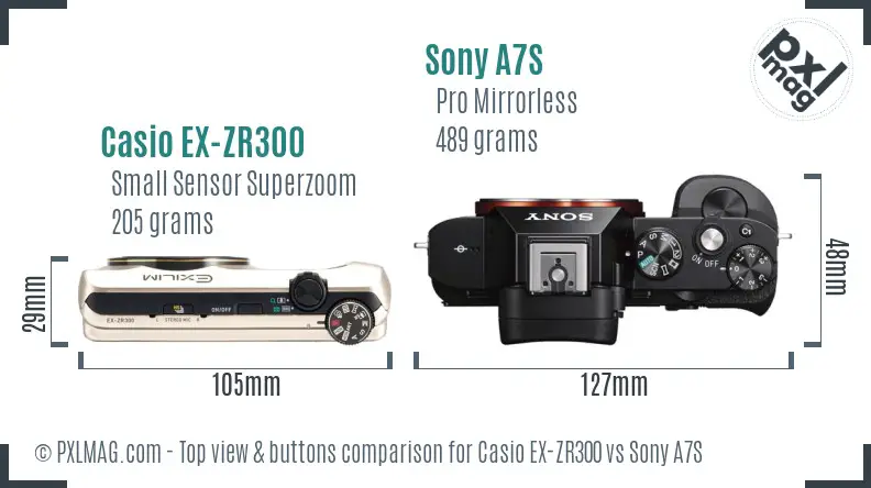 Casio EX-ZR300 vs Sony A7S top view buttons comparison