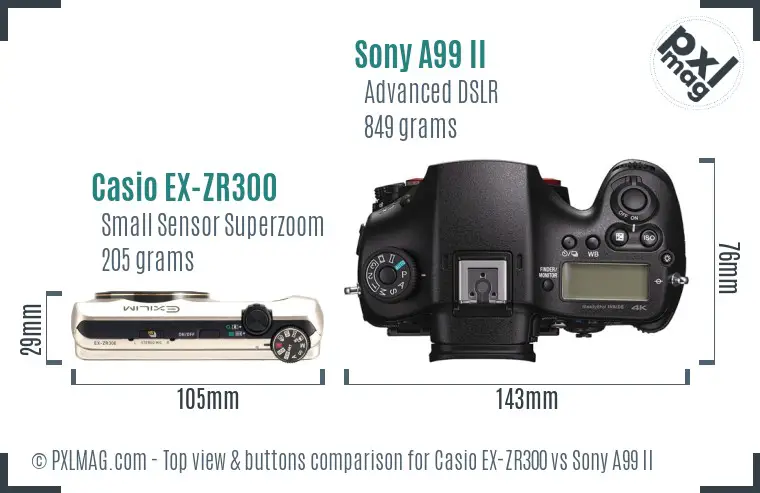 Casio EX-ZR300 vs Sony A99 II top view buttons comparison