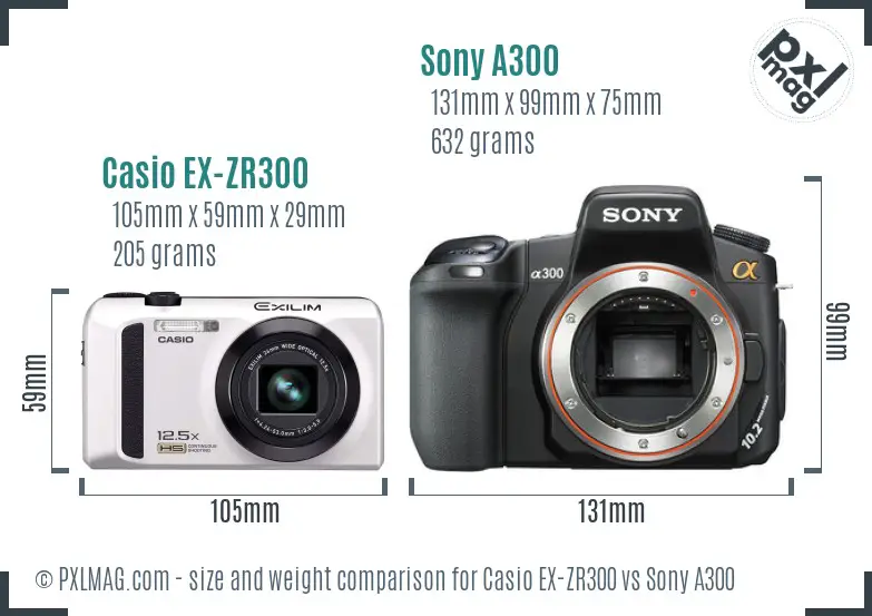 Casio EX-ZR300 vs Sony A300 size comparison