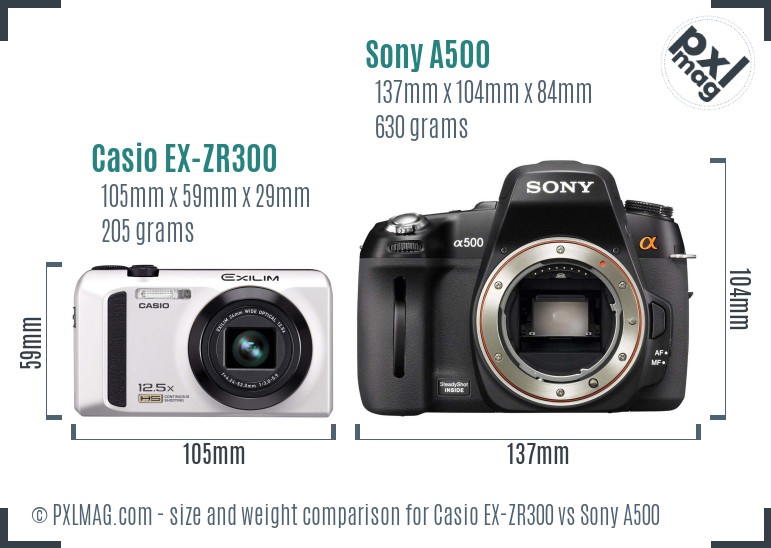 Casio EX-ZR300 vs Sony A500 size comparison