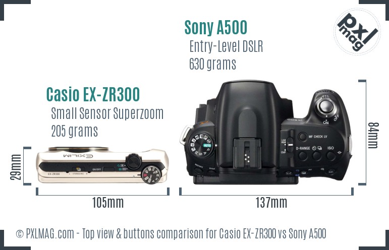 Casio EX-ZR300 vs Sony A500 top view buttons comparison