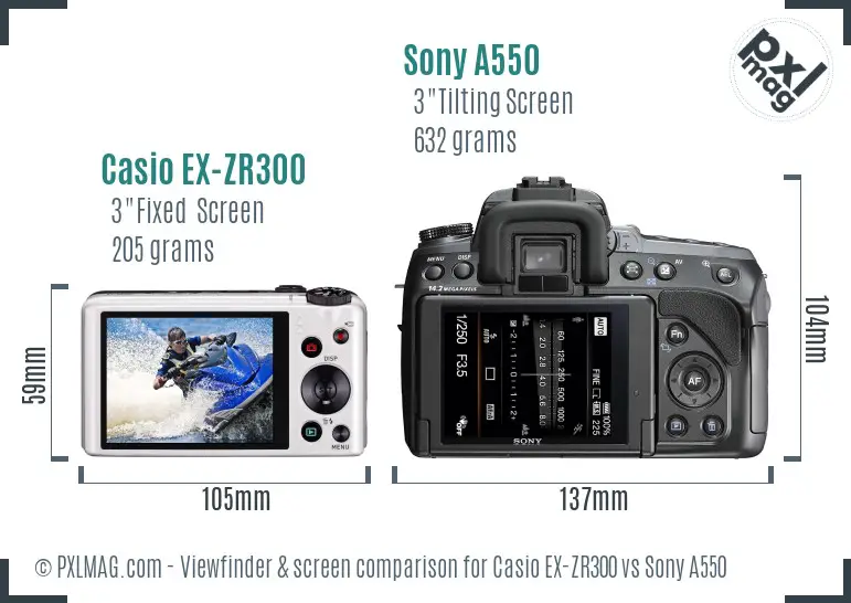 Casio EX-ZR300 vs Sony A550 Screen and Viewfinder comparison