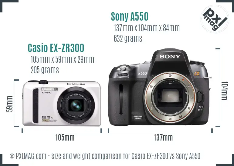 Casio EX-ZR300 vs Sony A550 size comparison