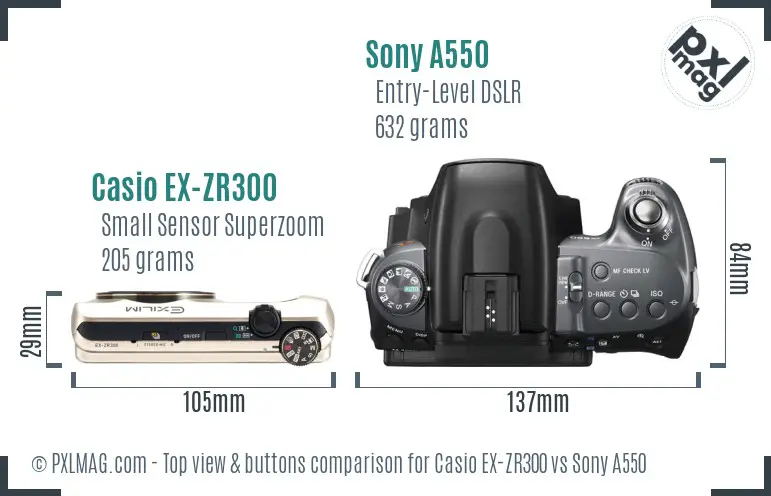 Casio EX-ZR300 vs Sony A550 top view buttons comparison
