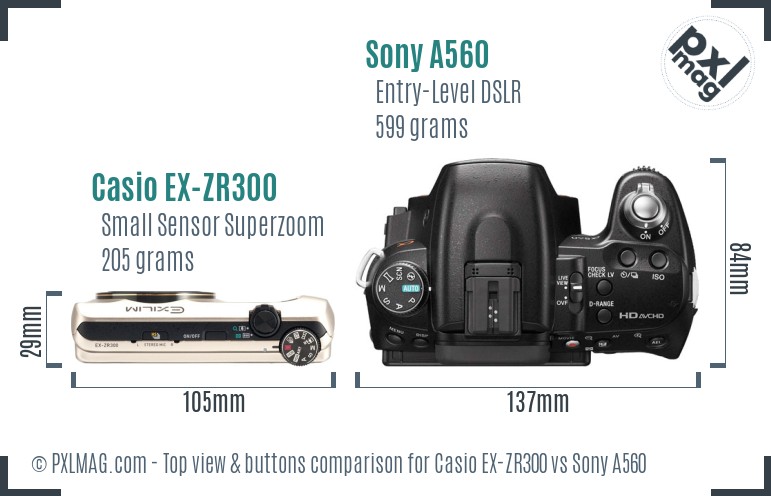 Casio EX-ZR300 vs Sony A560 top view buttons comparison