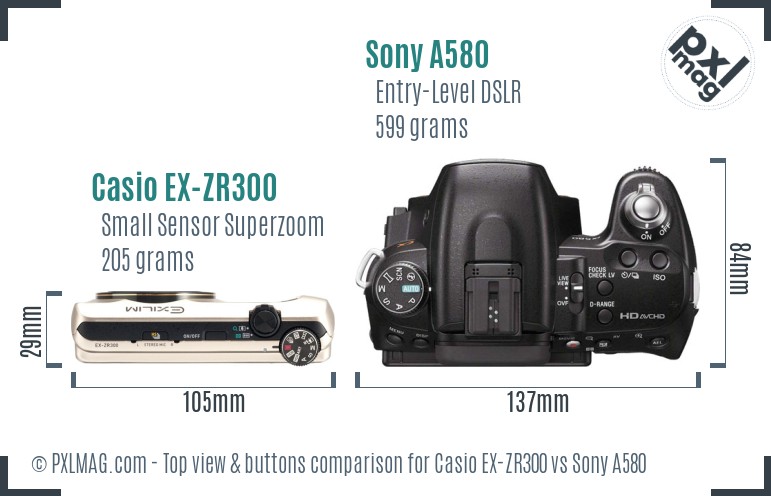 Casio EX-ZR300 vs Sony A580 top view buttons comparison