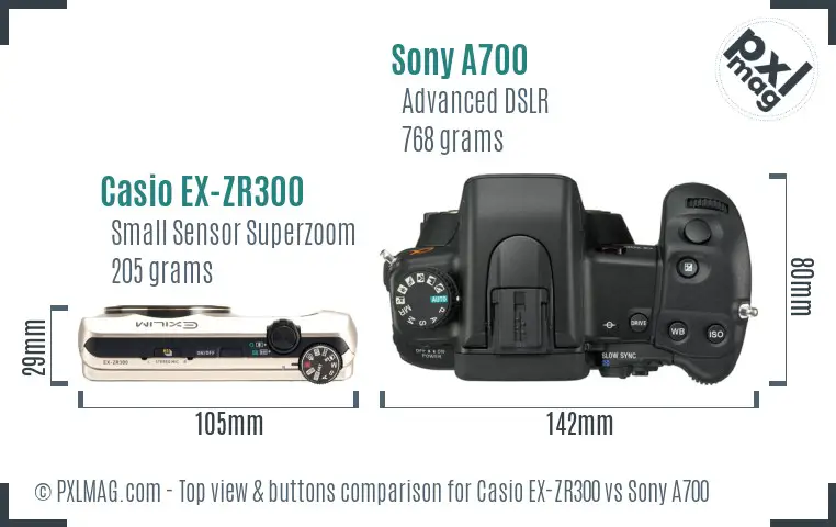 Casio EX-ZR300 vs Sony A700 top view buttons comparison Casio EX-ZR300 vs Sony A700 top view buttons comparison