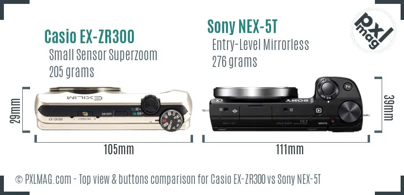 Casio EX-ZR300 vs Sony NEX-5T top view buttons comparison Casio EX-ZR300 vs Sony NEX-5T top view buttons comparison