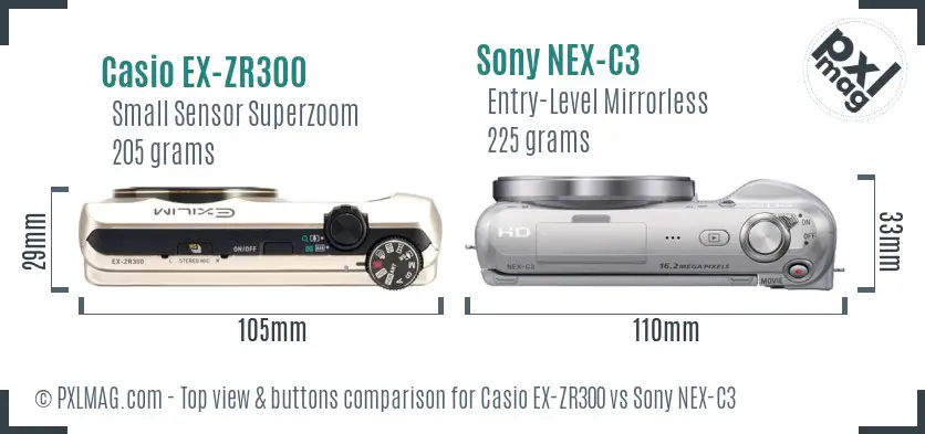 Casio EX-ZR300 vs Sony NEX-C3 top view buttons comparison