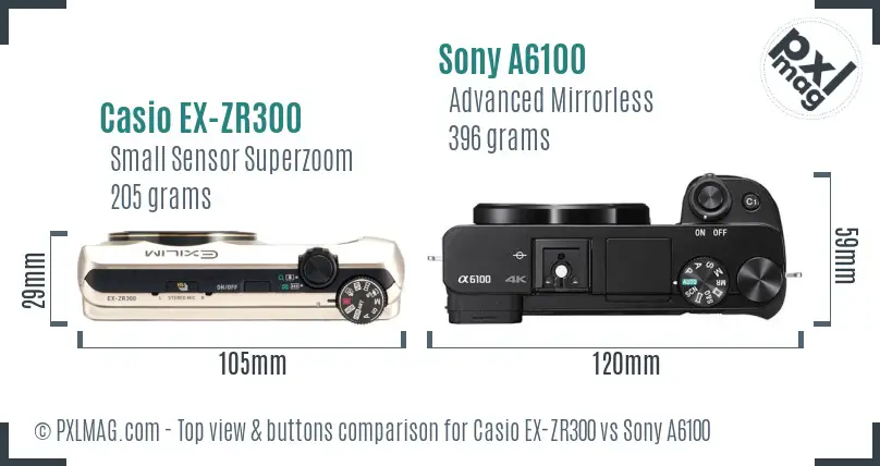 Casio EX-ZR300 vs Sony A6100 top view buttons comparison Casio EX-ZR300 vs Sony A6100 top view buttons comparison