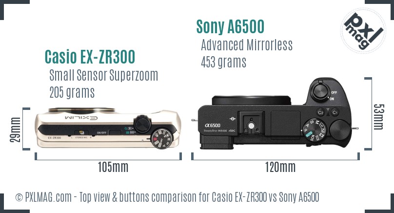 Casio EX-ZR300 vs Sony A6500 top view buttons comparison