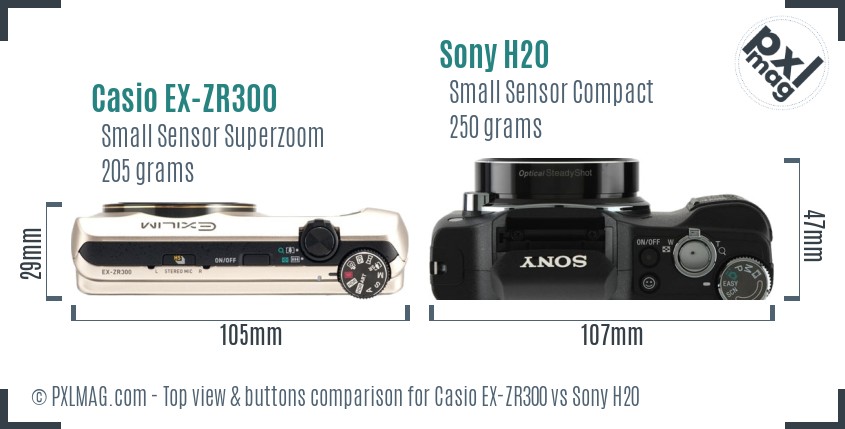 Casio EX-ZR300 vs Sony H20 top view buttons comparison