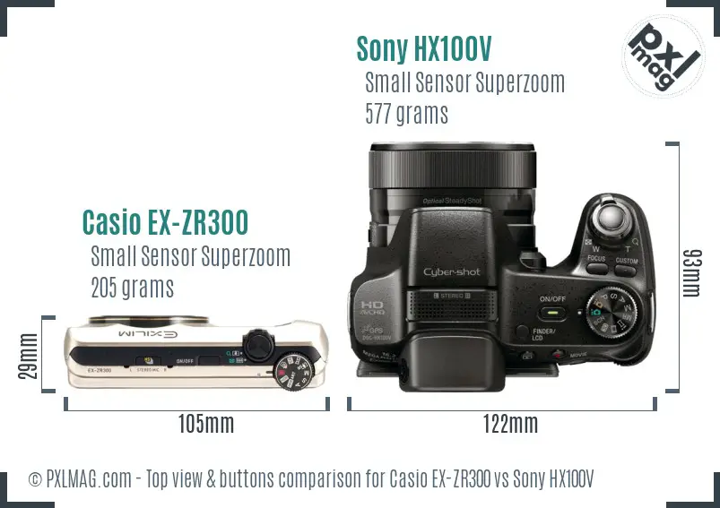 Casio EX-ZR300 vs Sony HX100V top view buttons comparison Casio EX-ZR300 vs Sony HX100V top view buttons comparison