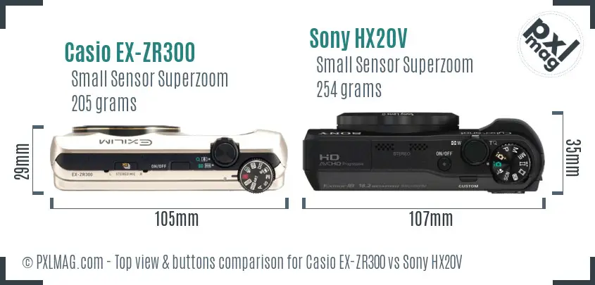 Casio EX-ZR300 vs Sony HX20V top view buttons comparison Casio EX-ZR300 vs Sony HX20V top view buttons comparison