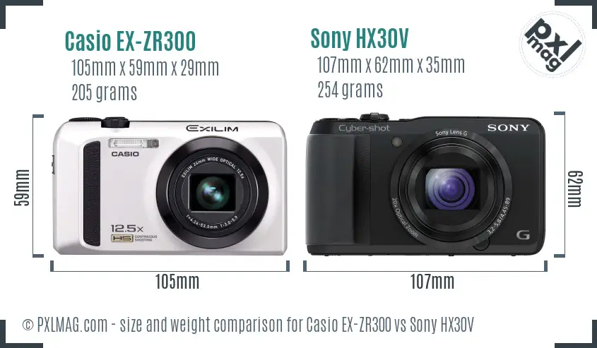 Casio EX-ZR300 vs Sony HX30V size comparison