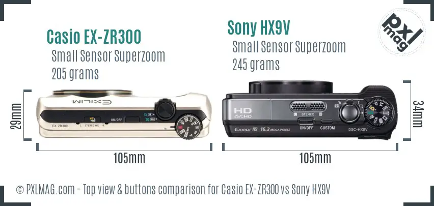 Casio EX-ZR300 vs Sony HX9V top view buttons comparison