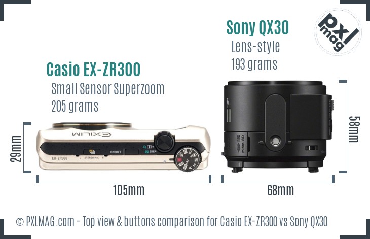 Casio EX-ZR300 vs Sony QX30 top view buttons comparison
