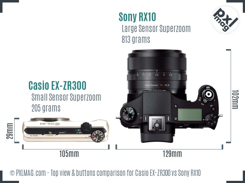 Casio EX-ZR300 vs Sony RX10 top view buttons comparison