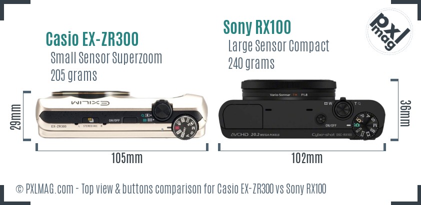 Casio EX-ZR300 vs Sony RX100 top view buttons comparison