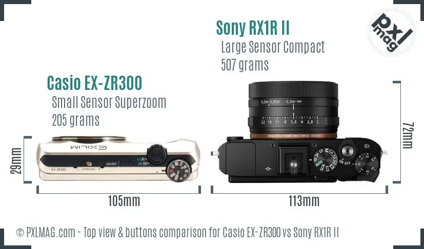 Casio EX-ZR300 vs Sony RX1R II top view buttons comparison