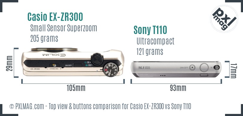 Casio EX-ZR300 vs Sony T110 top view buttons comparison