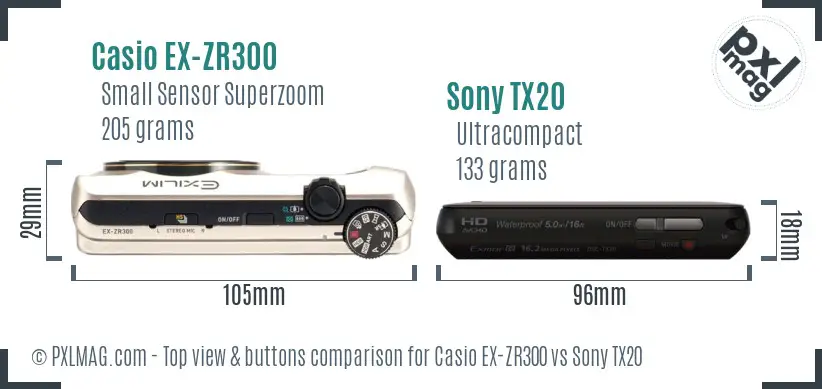 Casio EX-ZR300 vs Sony TX20 top view buttons comparison