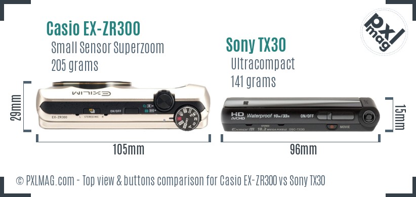 Casio EX-ZR300 vs Sony TX30 top view buttons comparison