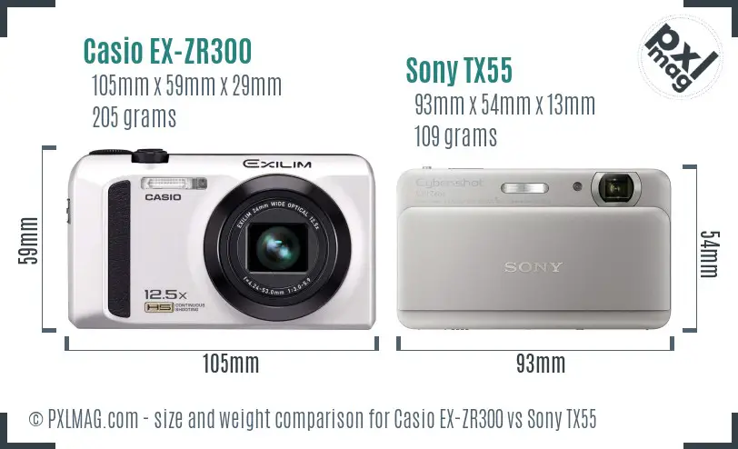 Casio EX-ZR300 vs Sony TX55 size comparison