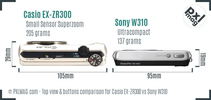 Casio EX-ZR300 vs Sony W310 top view buttons comparison Casio EX-ZR300 vs Sony W310 top view buttons comparison