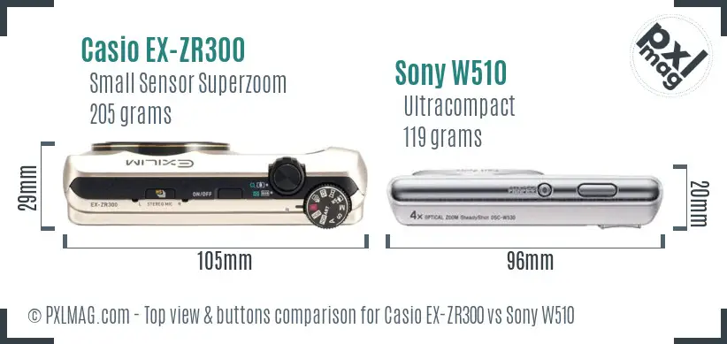 Casio EX-ZR300 vs Sony W510 top view buttons comparison Casio EX-ZR300 vs Sony W510 top view buttons comparison