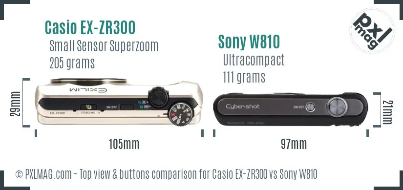 Casio EX-ZR300 vs Sony W810 top view buttons comparison Casio EX-ZR300 vs Sony W810 top view buttons comparison