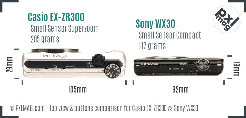 Casio EX-ZR300 vs Sony WX30 top view buttons comparison Casio EX-ZR300 vs Sony WX30 top view buttons comparison