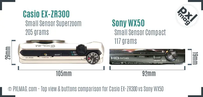 Casio EX-ZR300 vs Sony WX50 top view buttons comparison