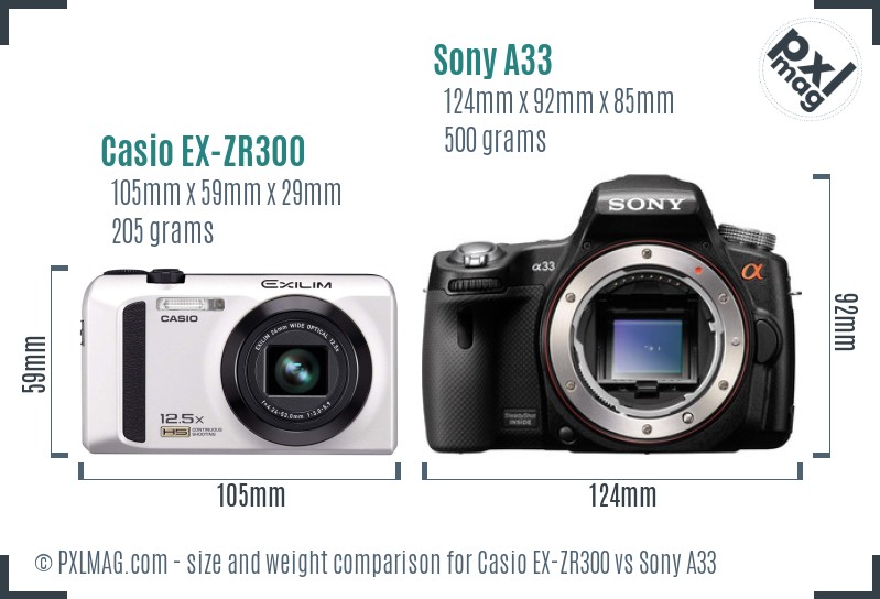 Casio EX-ZR300 vs Sony A33 size comparison