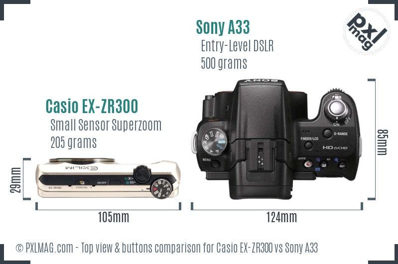 Casio EX-ZR300 vs Sony A33 top view buttons comparison